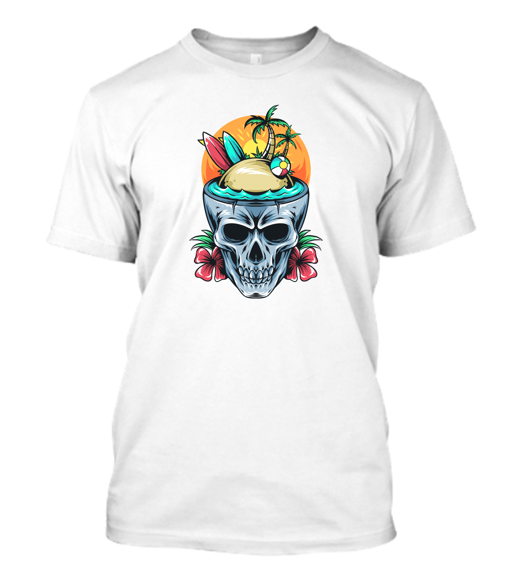 Summer Skull With Surfboards And Tropical Island T-Shirt