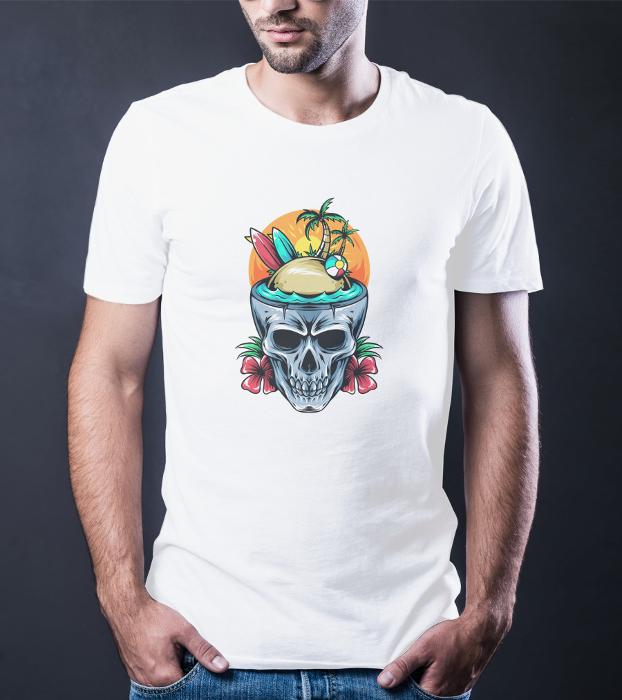 Summer Skull With Surfboards And Tropical Island T-Shirt