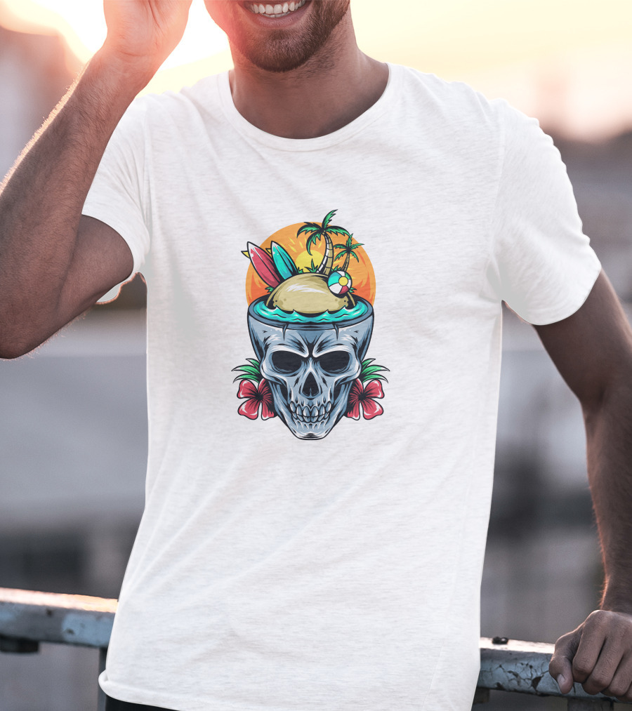 Summer Skull With Surfboards And Tropical Island T-Shirt