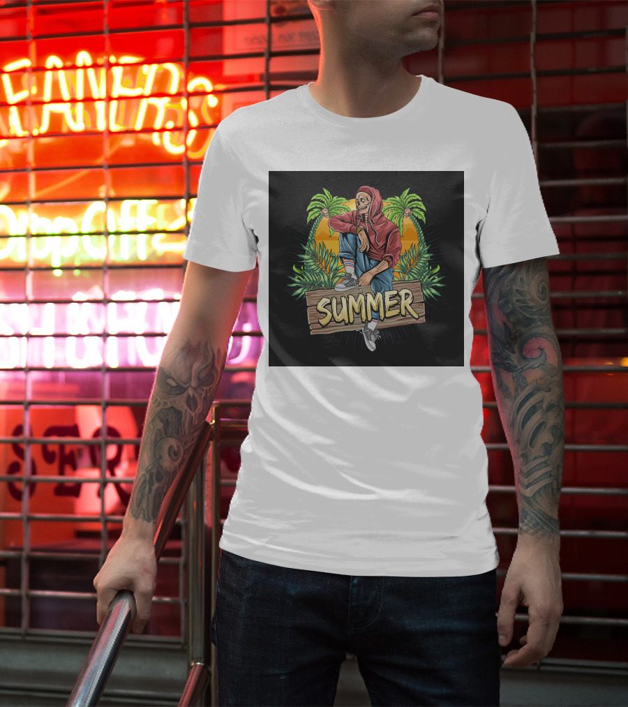 Skull Zombie Summer Tropical Vibes With Palm Trees And Sunset T-Shirt