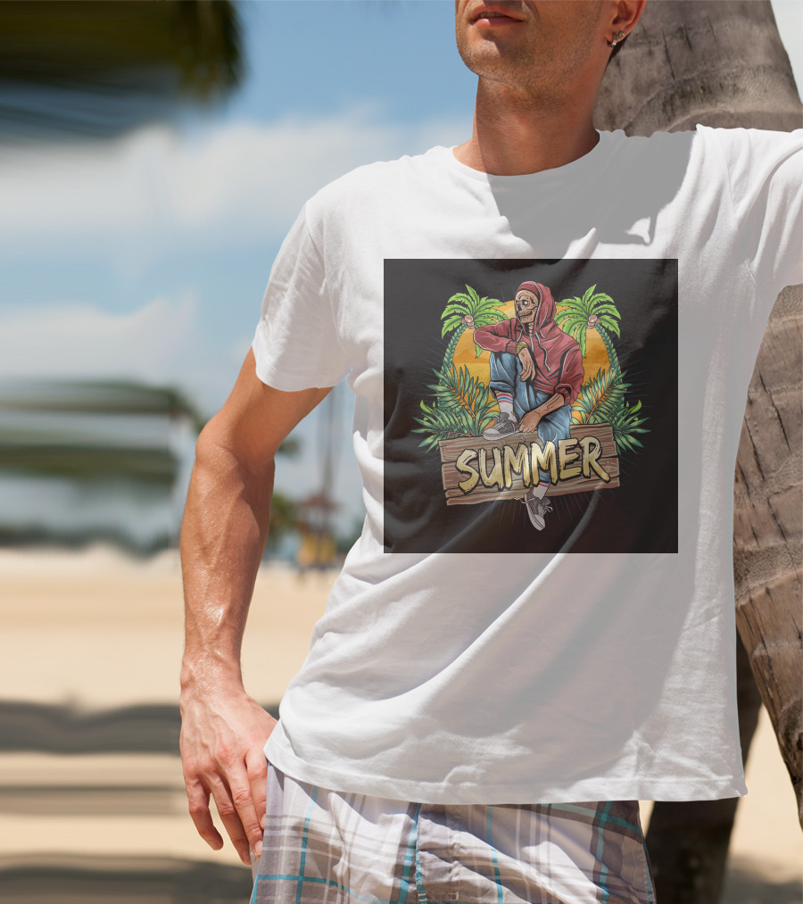 Skull Zombie Summer Tropical Vibes With Palm Trees And Sunset T-Shirt
