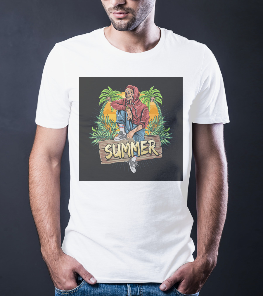 Skull Zombie Summer Tropical Vibes With Palm Trees And Sunset T-Shirt