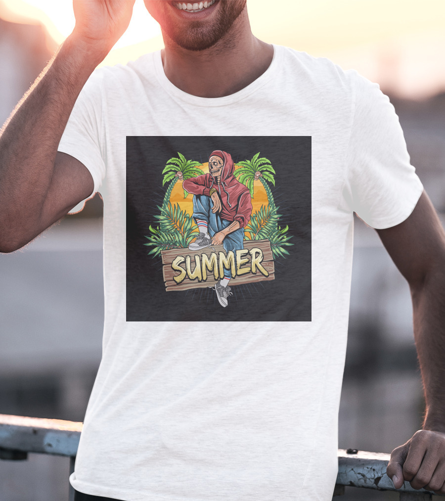Skull Zombie Summer Tropical Vibes With Palm Trees And Sunset T-Shirt