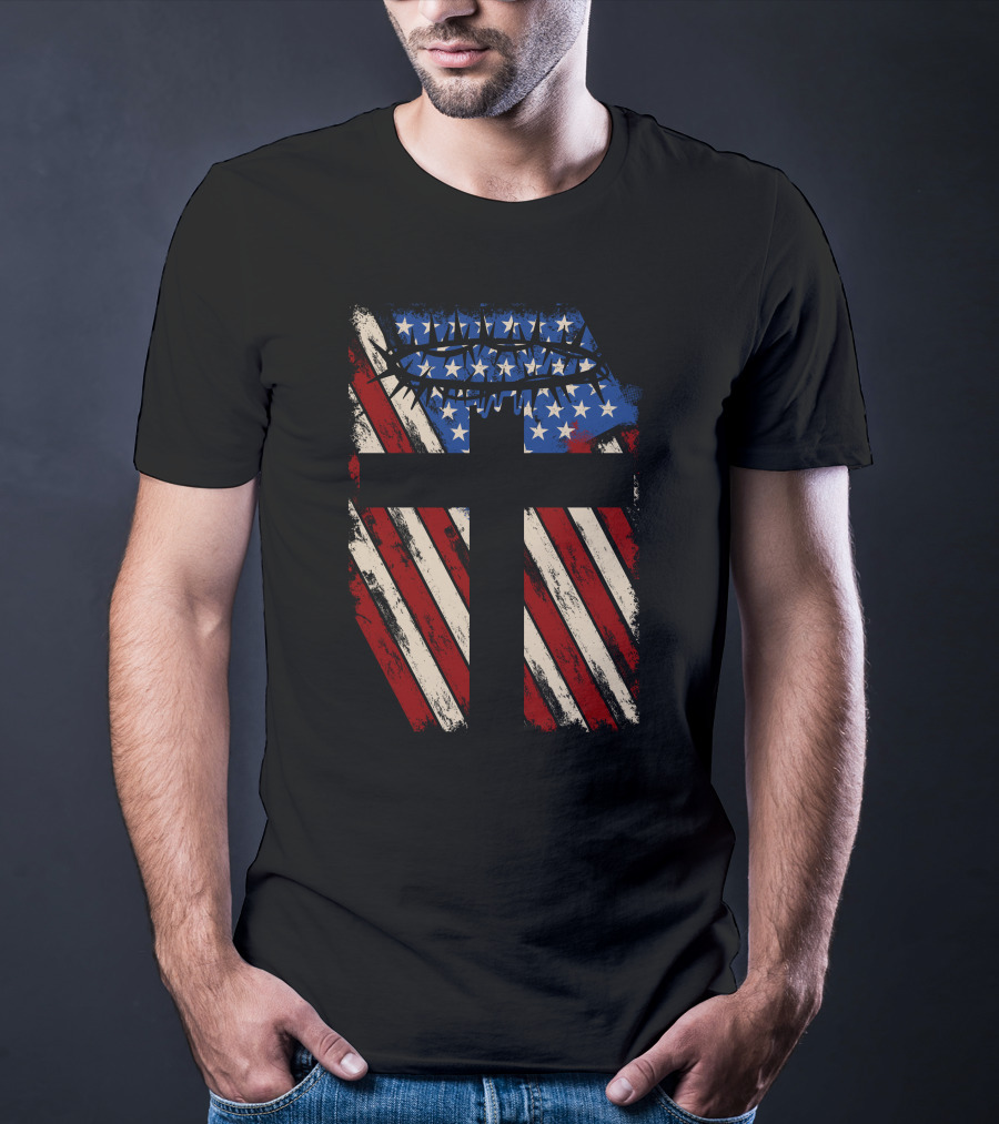 God Protect America American Flag Cross With Crown Of Thorns T-Shirt