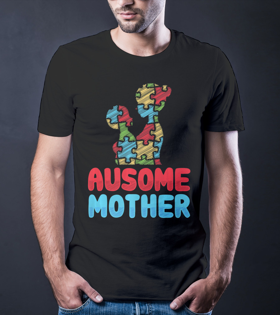Ausome Mother Colorful Puzzle Piece Autism Awareness T-Shirt