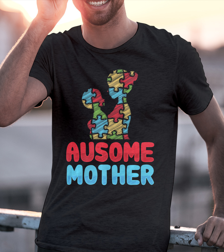 Ausome Mother Colorful Puzzle Piece Autism Awareness T-Shirt