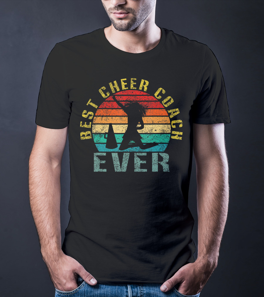 Best Cheer Coach Ever Vintage Silhouette With Megaphone And Sunset Stripes T-Shirt