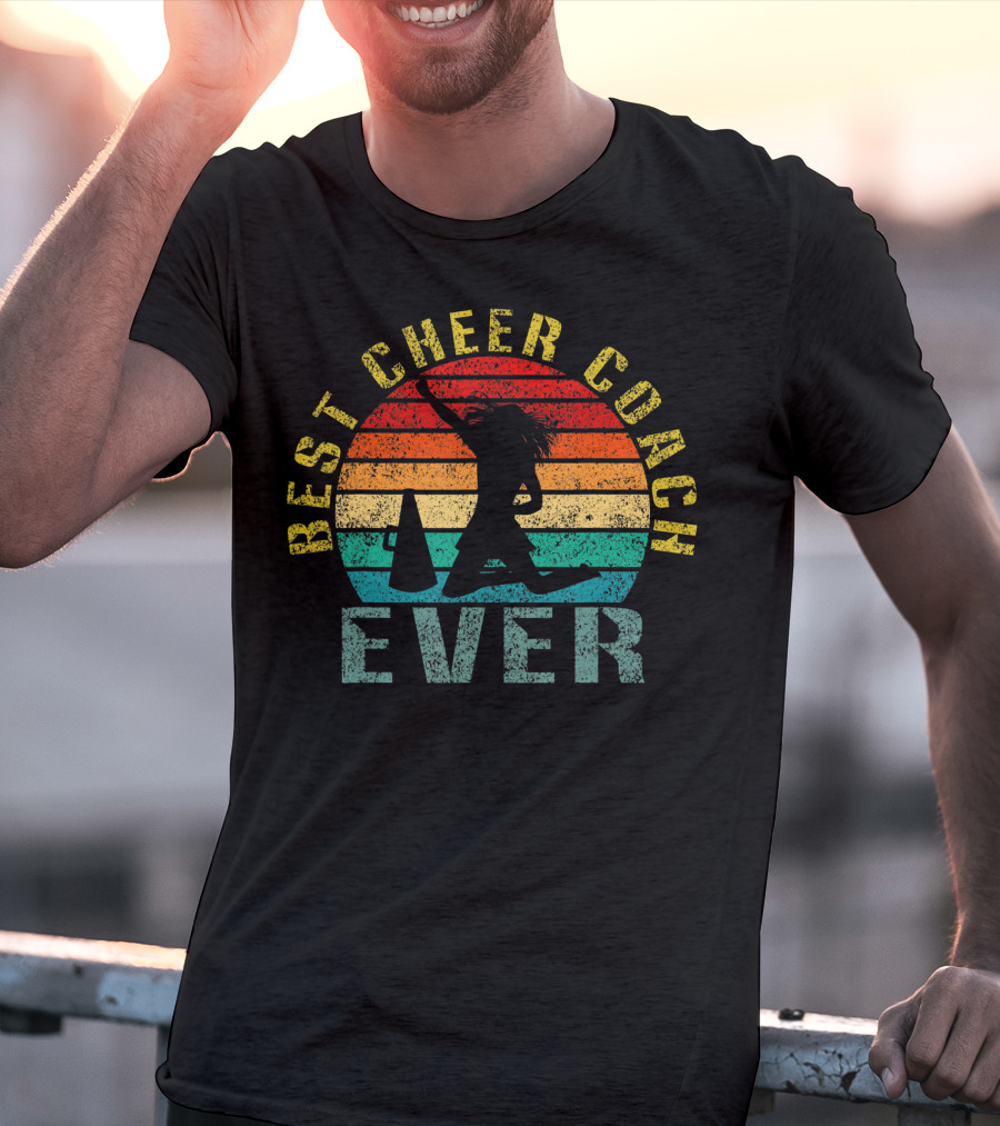 Best Cheer Coach Ever Vintage Silhouette With Megaphone And Sunset Stripes T-Shirt