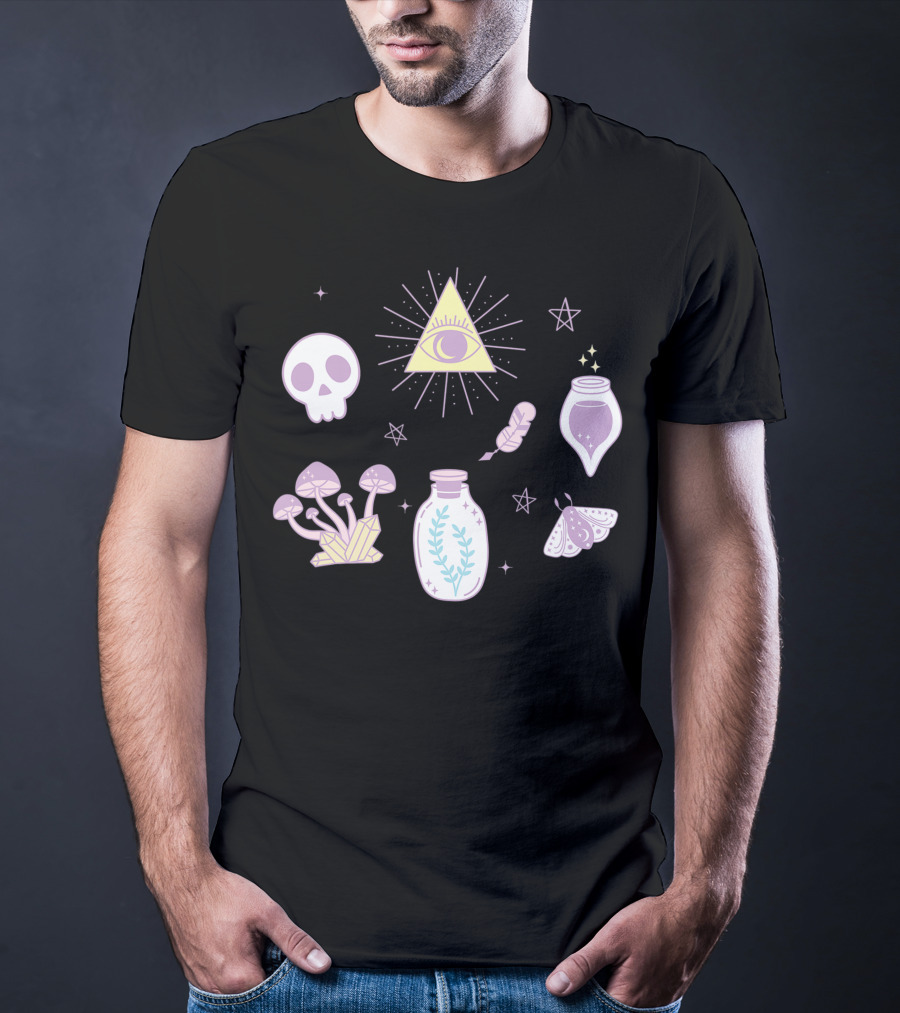 Cute Creepy Pastel Kawaii Goth Witch Aesthetic With Skull Pyramid Mushrooms And Potion Elements T-Shirt