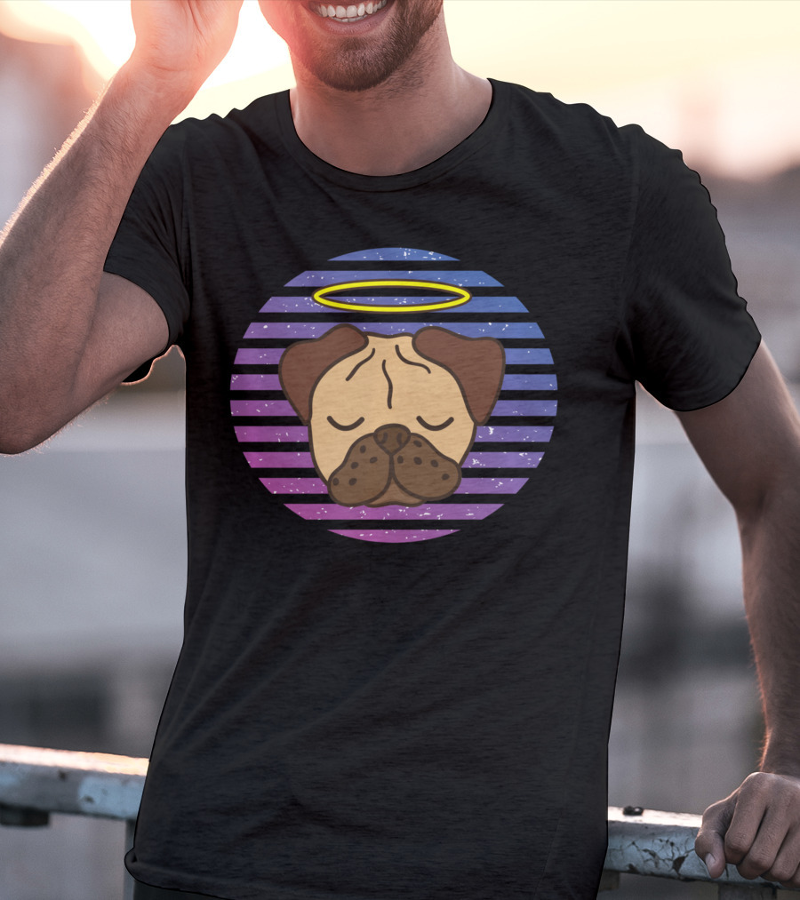 Cute Pug Halo Retro Stripes T-Shirt