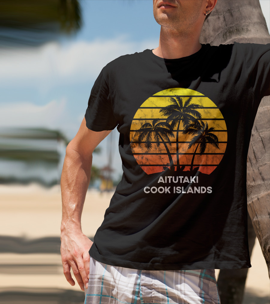 Aitutaki Cook Islands Sunset Palm Tree Vacation Beach Scene T-Shirt