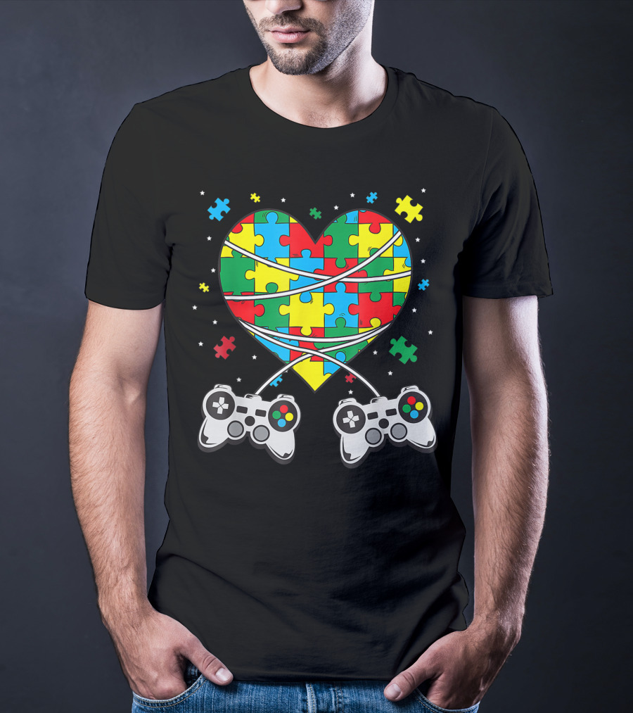 Boys Autism Awareness Month Puzzle Heart Video Game Controllers T-Shirt