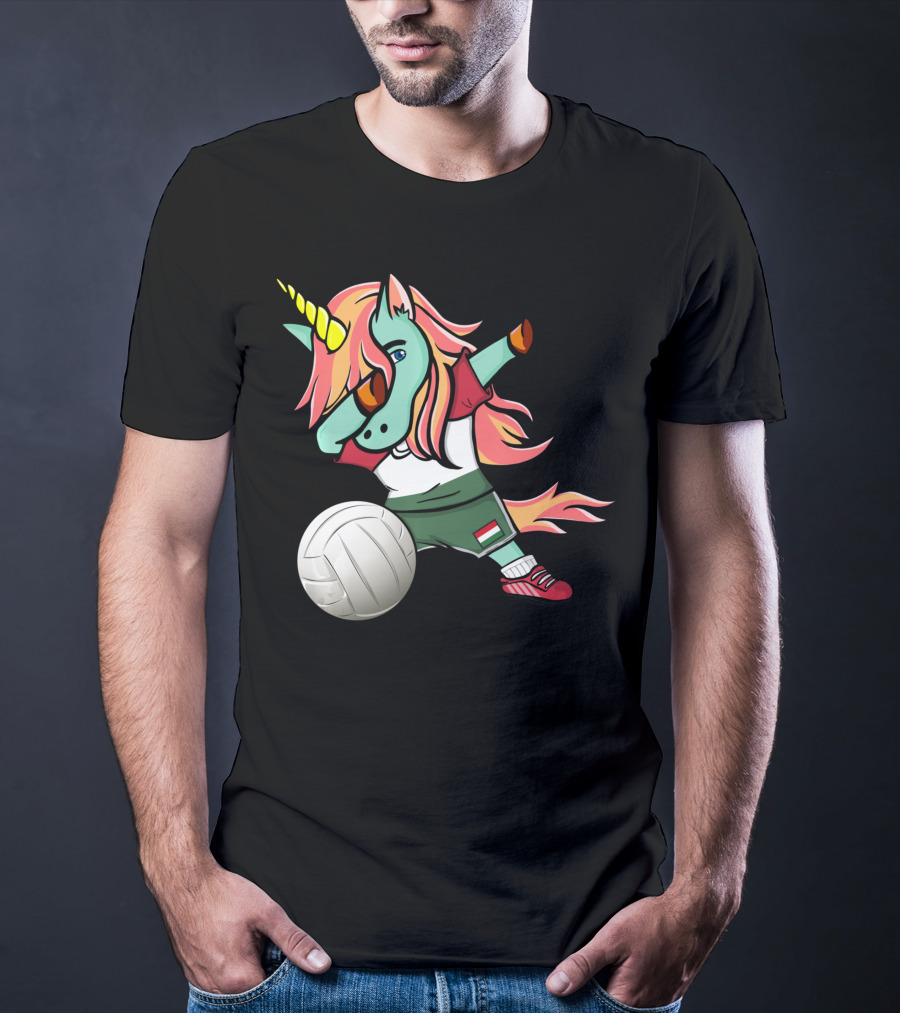 Dabbing Unicorn Hungarian Volleyball Lovers With Flag Jersey T-Shirt