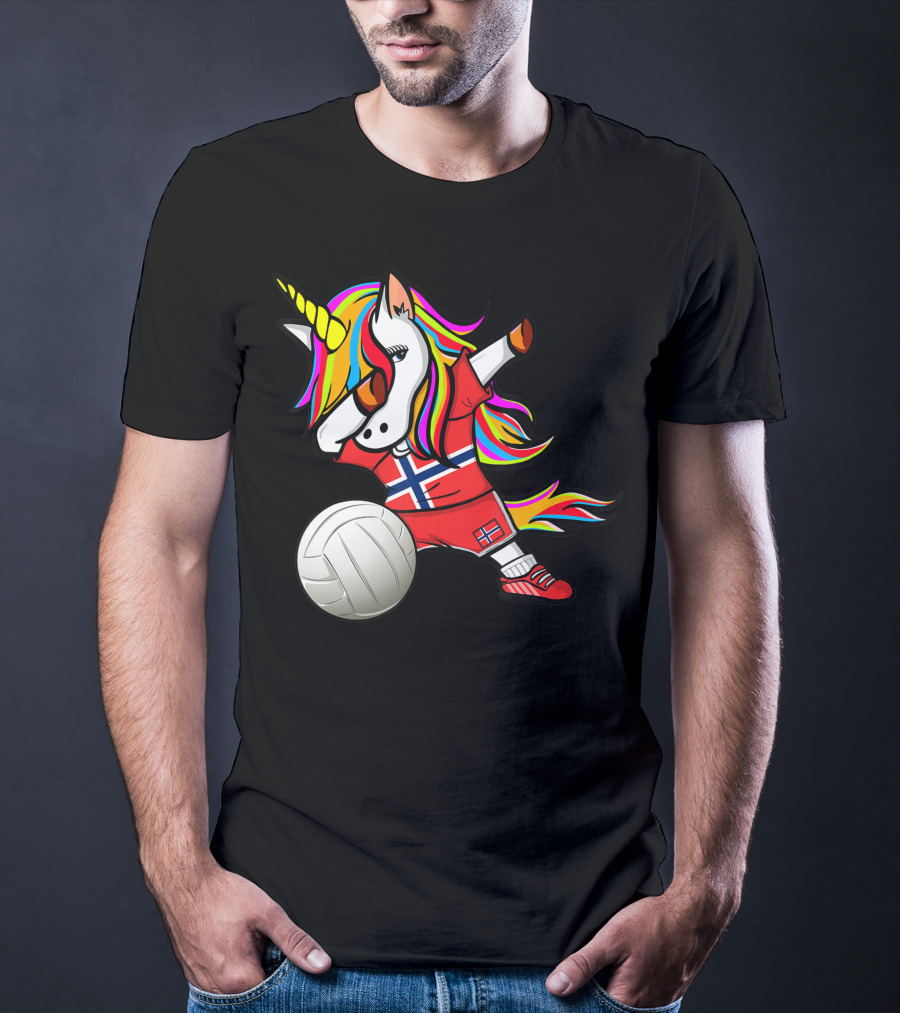 Dabbing Unicorn Norway Volleyball Fans Norwegian Flag Rainbow Jersey T-Shirt