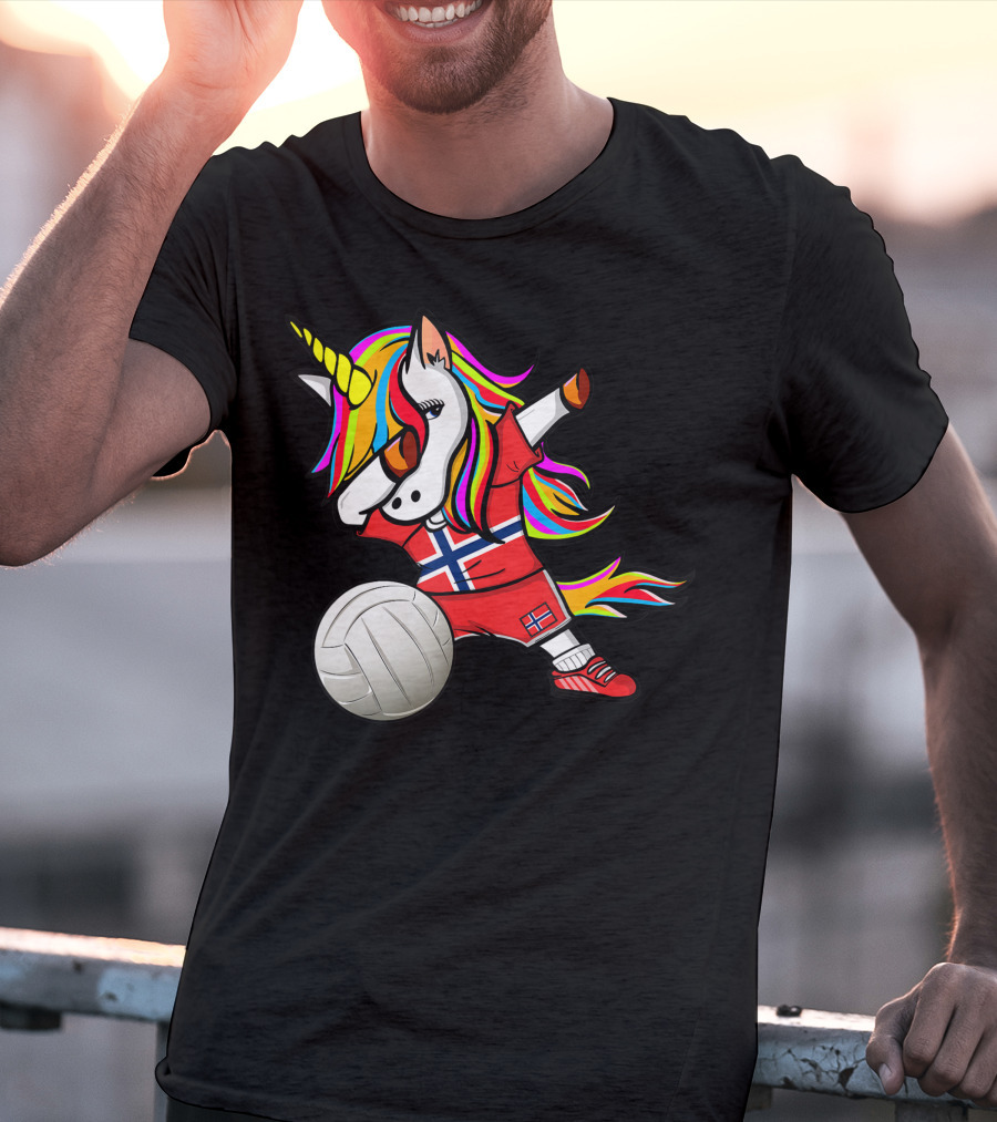 Dabbing Unicorn Norway Volleyball Fans Norwegian Flag Rainbow Jersey T-Shirt