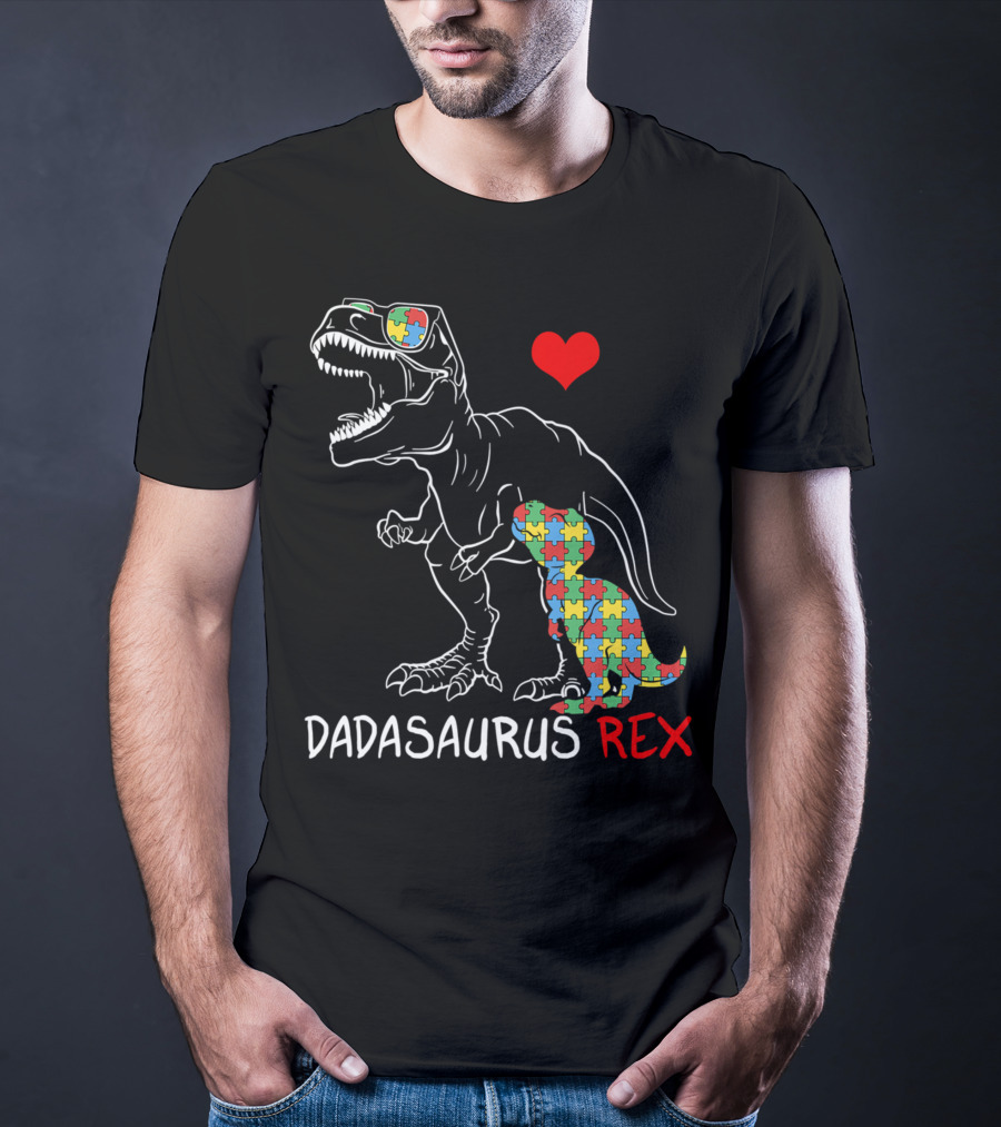 Dadasaurus Rex Heart Puzzle Autism Awareness Daddy T-Shirt
