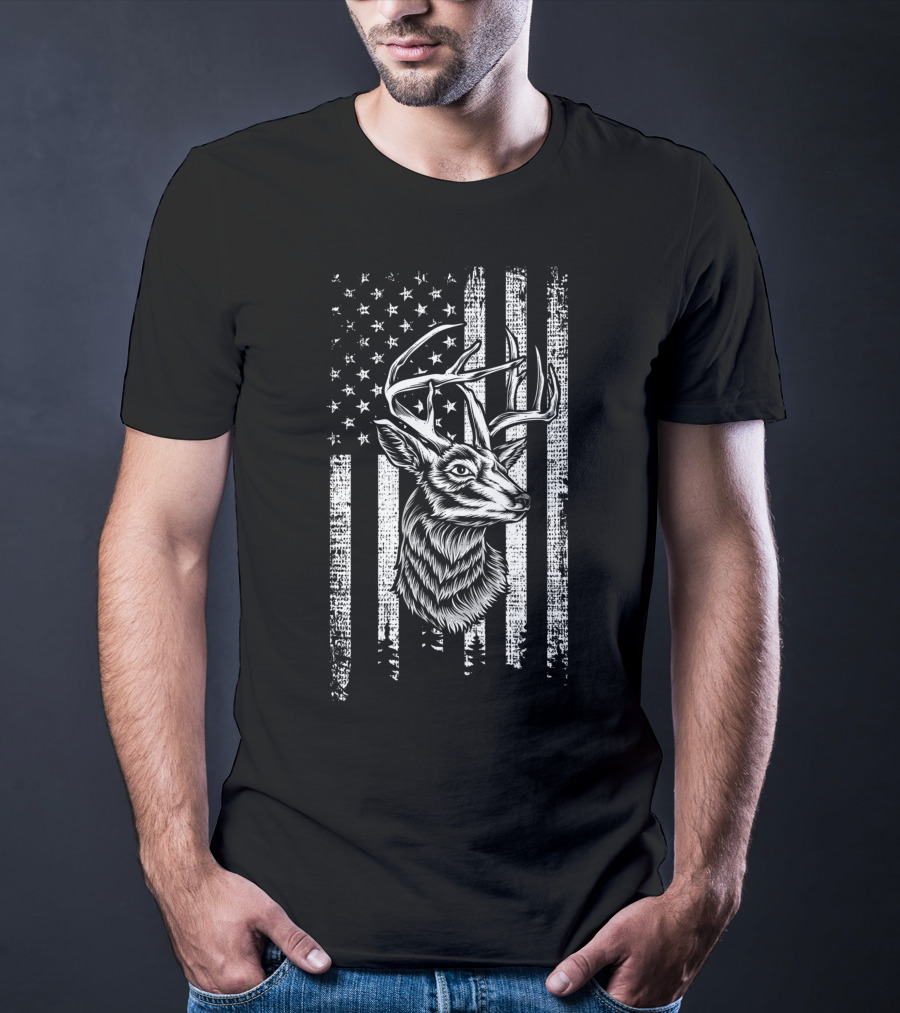 Deer Hunting Hunter Deer Head Antler With American Flag Background T-Shirt