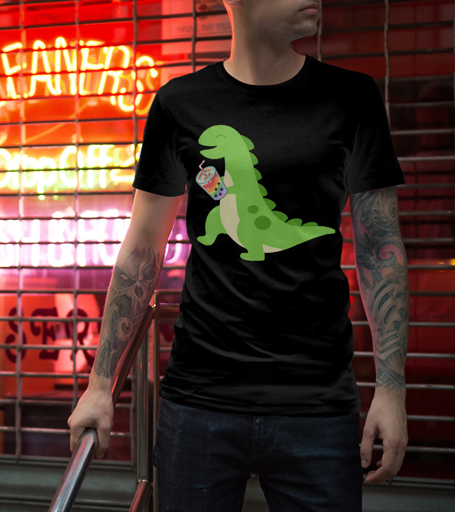 Dino Drinking Bubble Tea With Colorful Boba T-Shirt