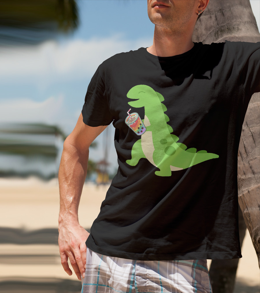 Dino Drinking Bubble Tea With Colorful Boba T-Shirt
