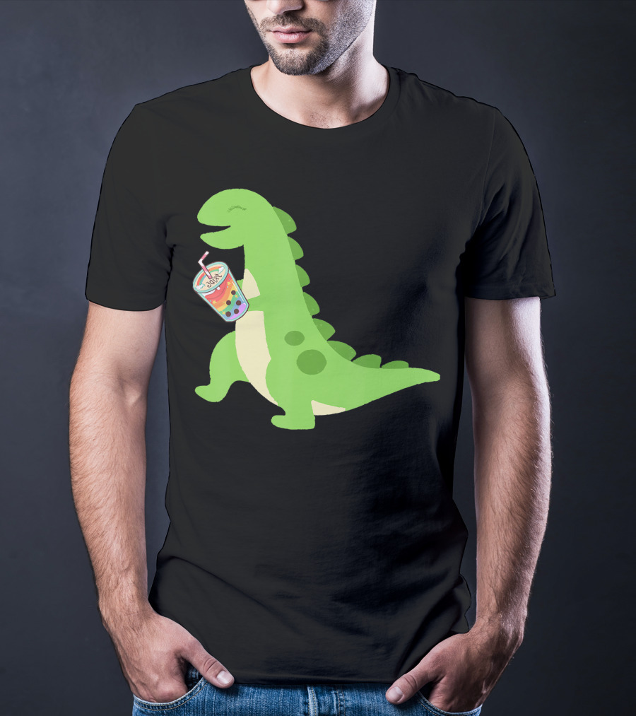 Dino Drinking Bubble Tea With Colorful Boba T-Shirt