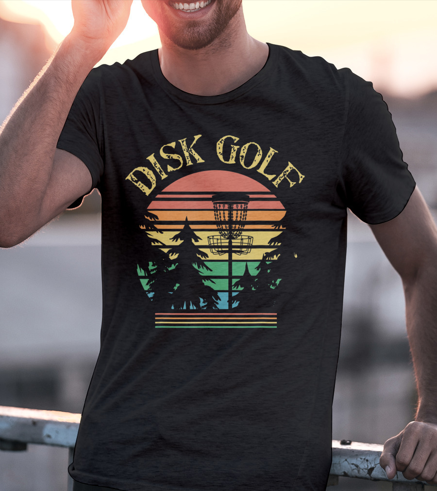 Disk Golf Sunset Forest Basket Scene T-Shirt