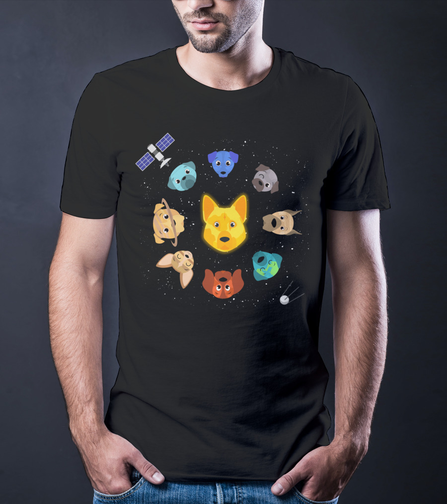Dogs In Space Puppy Heads Orbiting With Rocket And Satellite T-Shirt