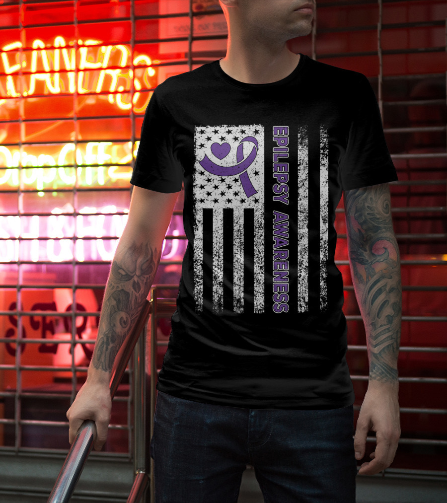 Epilepsy Awareness Flag Purple Ribbon Heart Warrior T-Shirt
