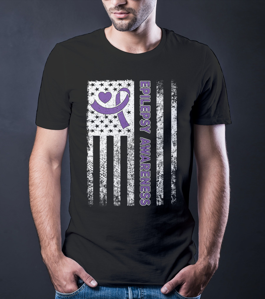 Epilepsy Awareness Flag Purple Ribbon Heart Warrior T-Shirt