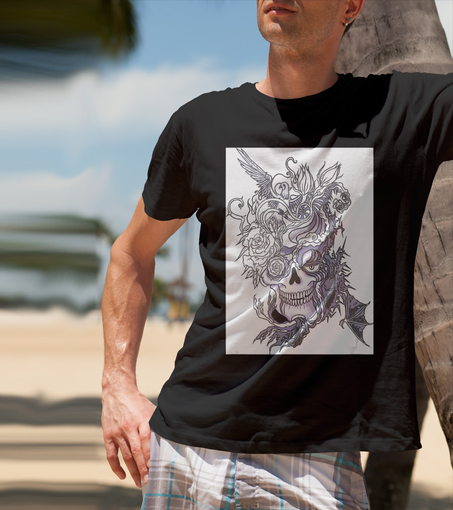 Evil Skull Bat Rose Wing T-Shirt