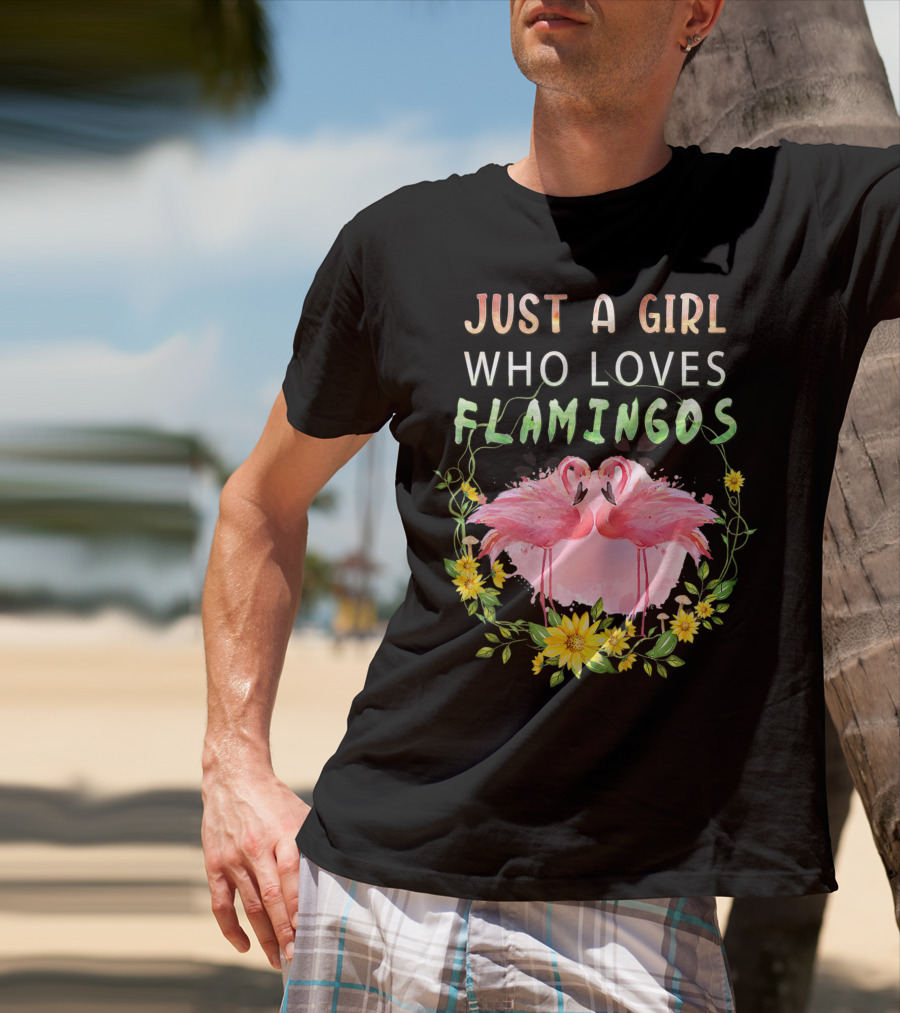 Just A Girl Who Loves Flamingos With Pink Flamingo Pair And Yellow Flowers T-Shirt