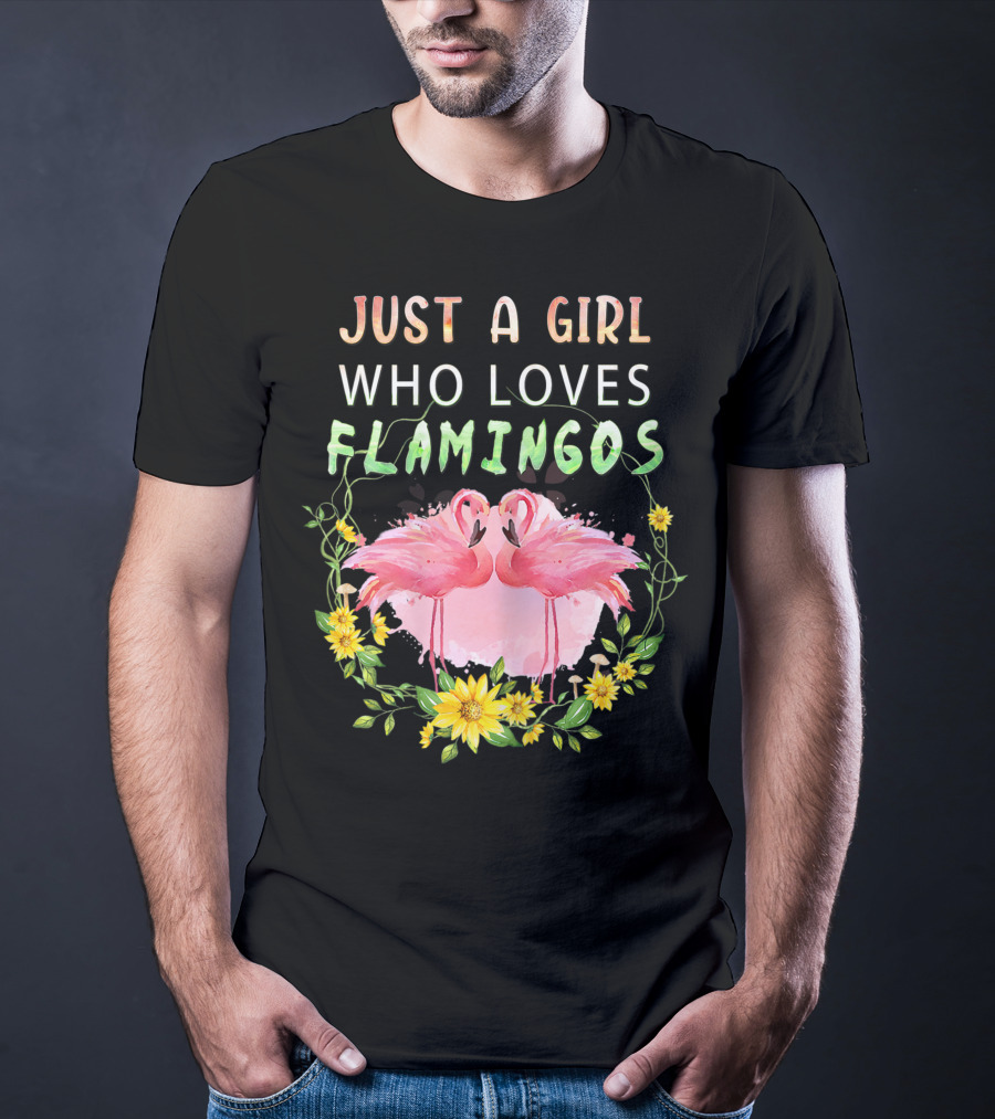 Just A Girl Who Loves Flamingos With Pink Flamingo Pair And Yellow Flowers T-Shirt