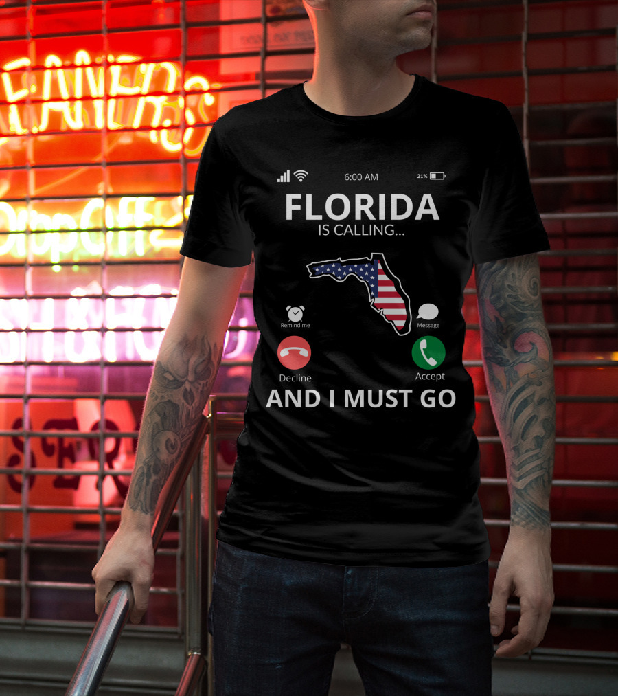 Florida Is Calling And I Must Go American Flag Florida Map T-Shirt