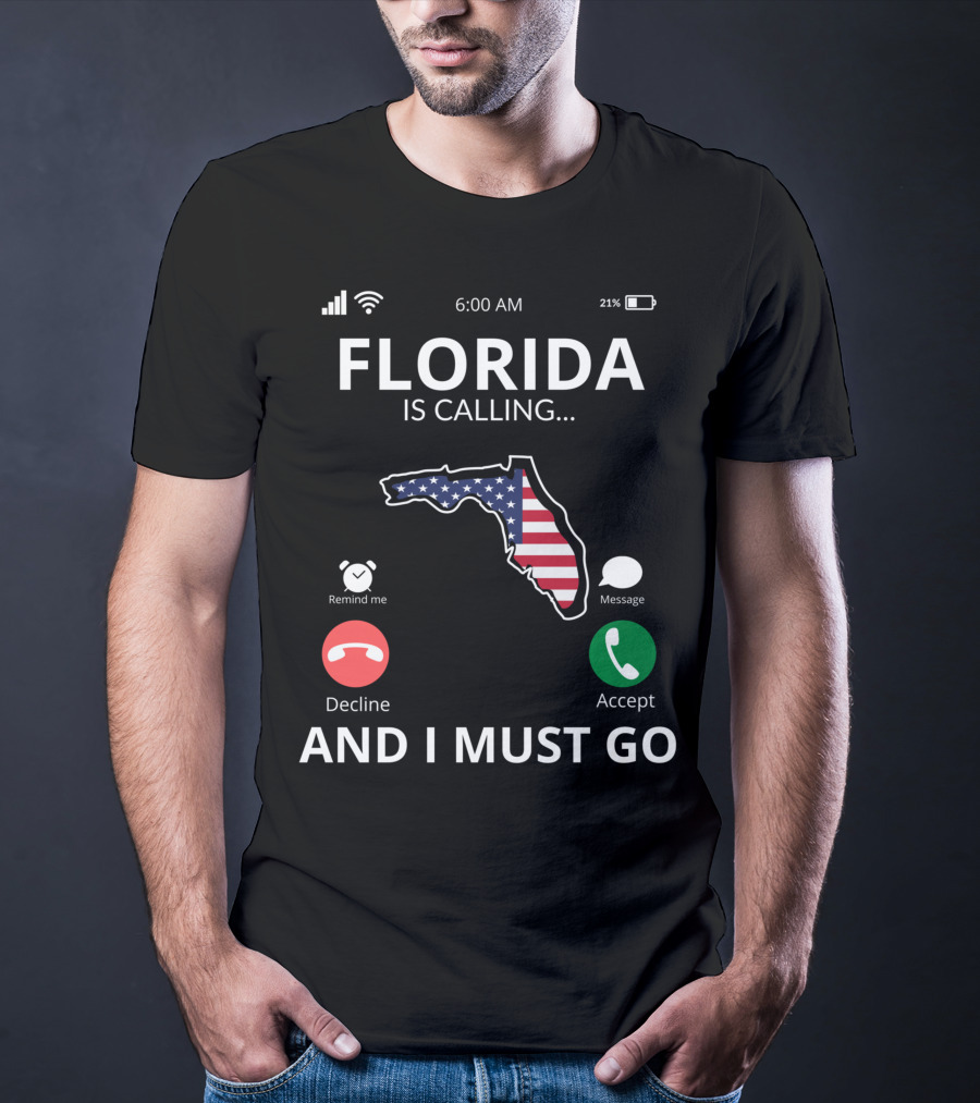 Florida Is Calling And I Must Go American Flag Florida Map T-Shirt