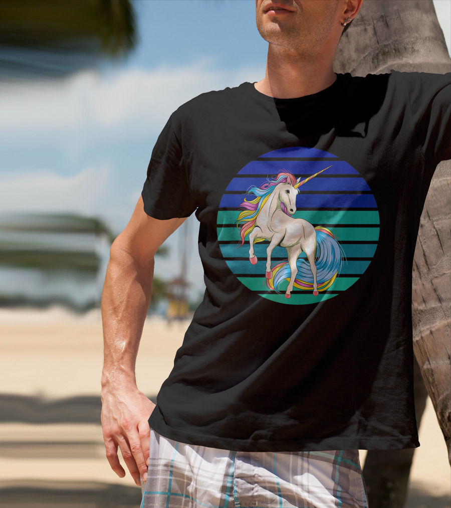 Girls Unicorn Rainbow Striped Sunset T-Shirt