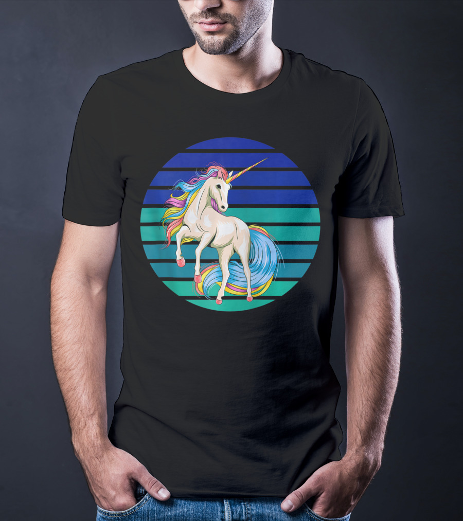 Girls Unicorn Rainbow Striped Sunset T-Shirt