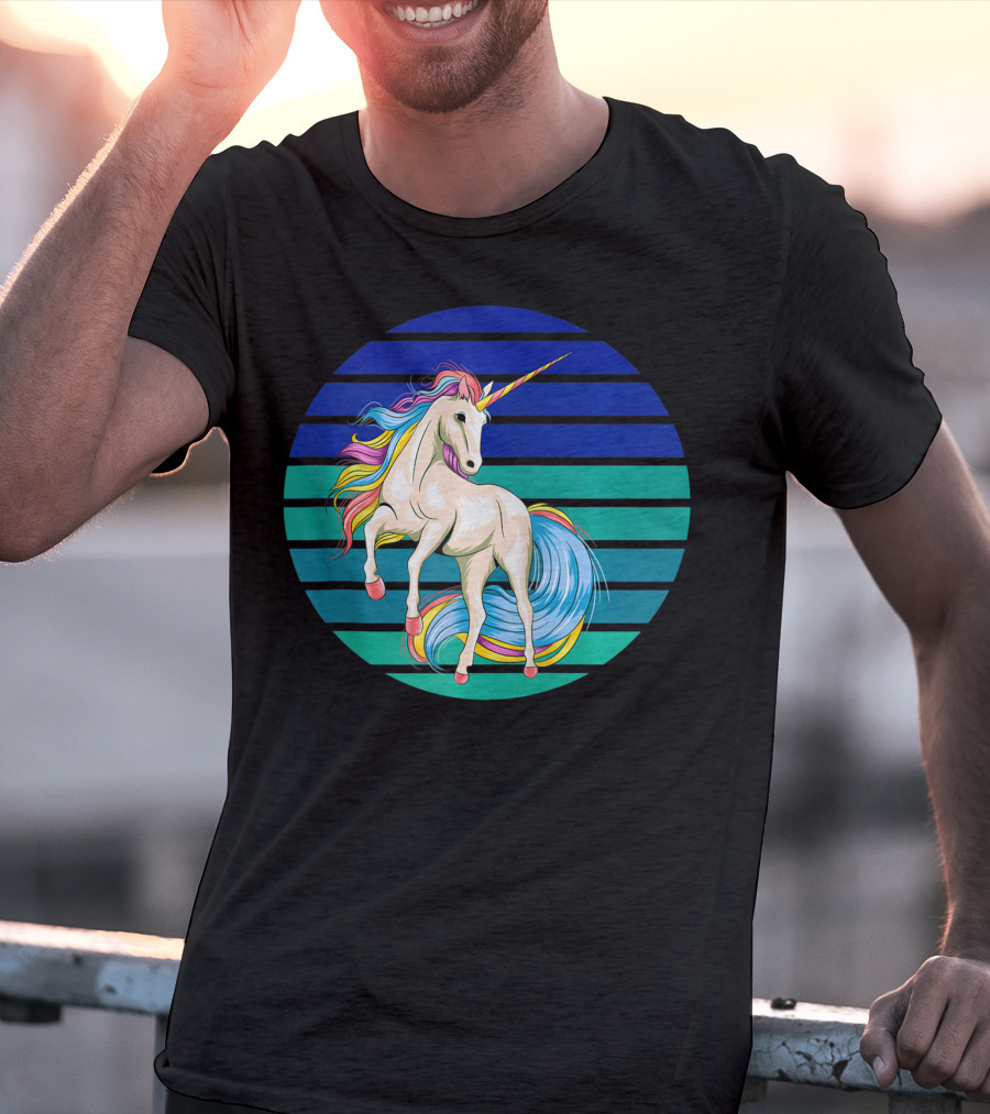 Girls Unicorn Rainbow Striped Sunset T-Shirt