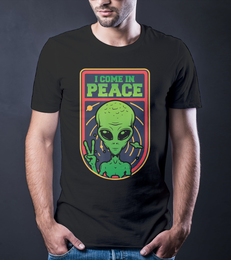 I Come In Peace Green Alien Face Head With UFO And Peace Sign T-Shirt