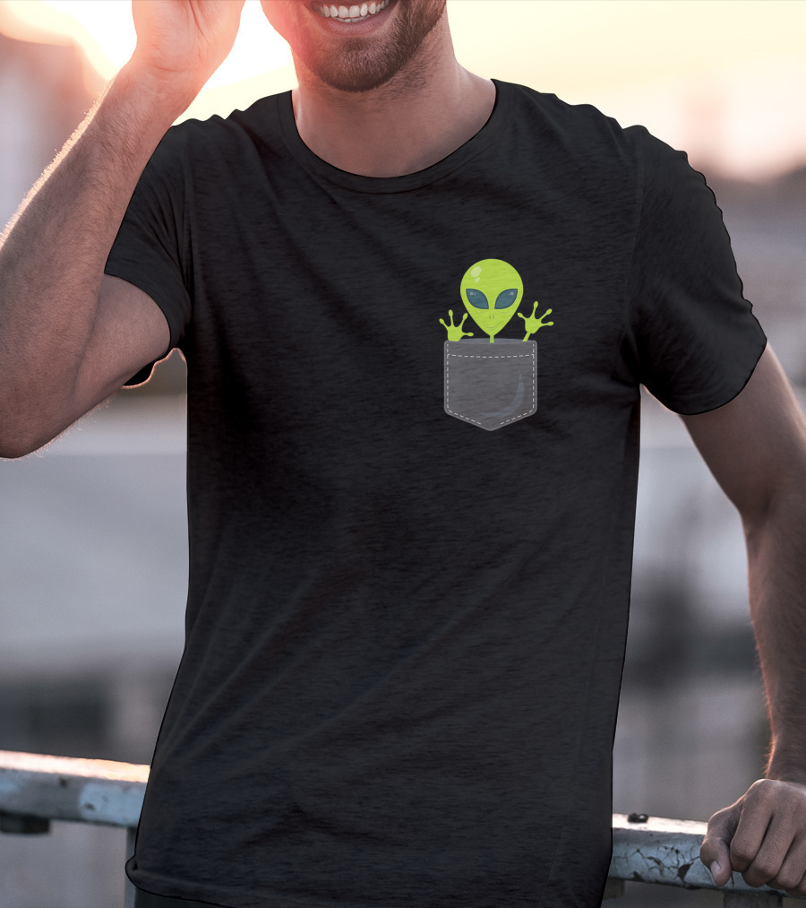 Green Cute Alien Peeking From Pocket T-Shirt