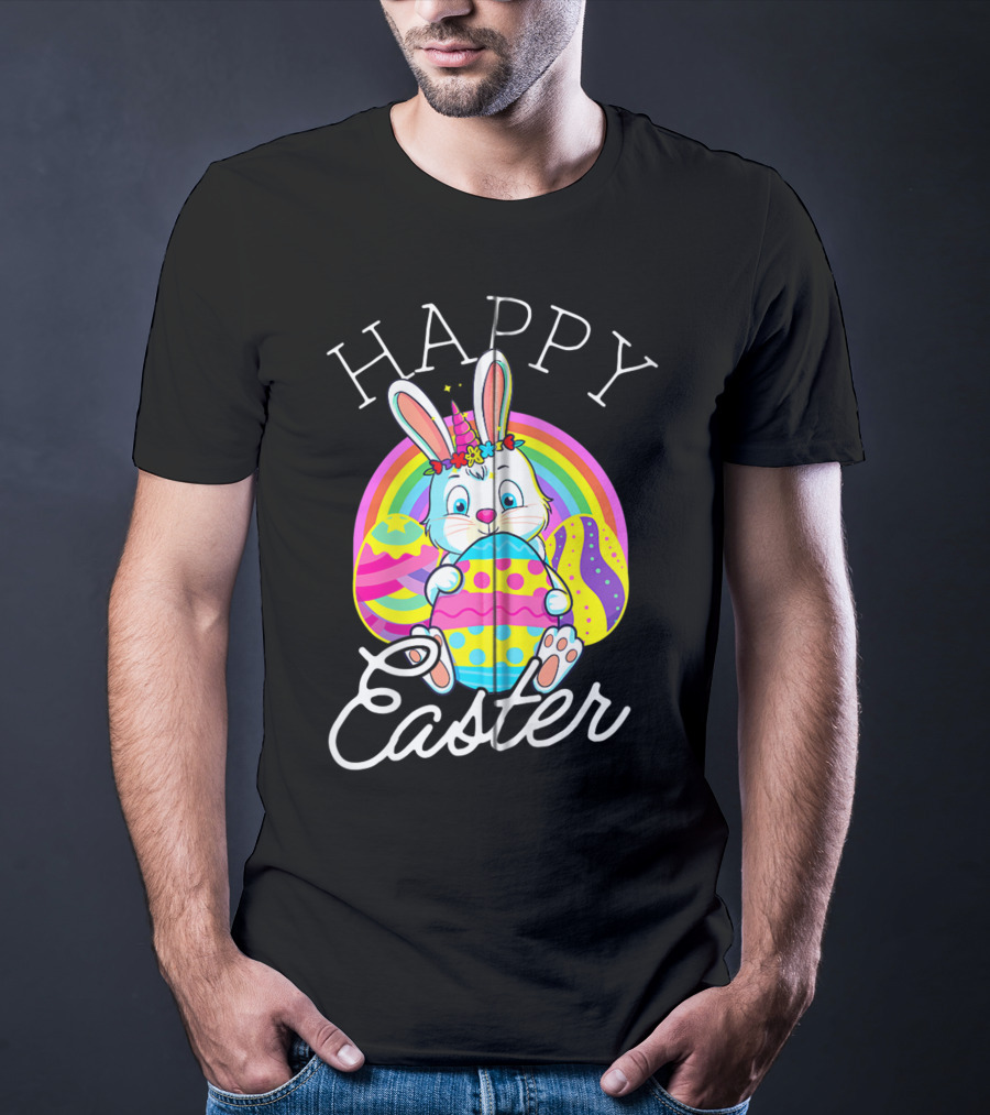 Happy Easter Unicorn Bunny Rabbit Eggs Rainbow Cute Kids Girls Women T-Shirt