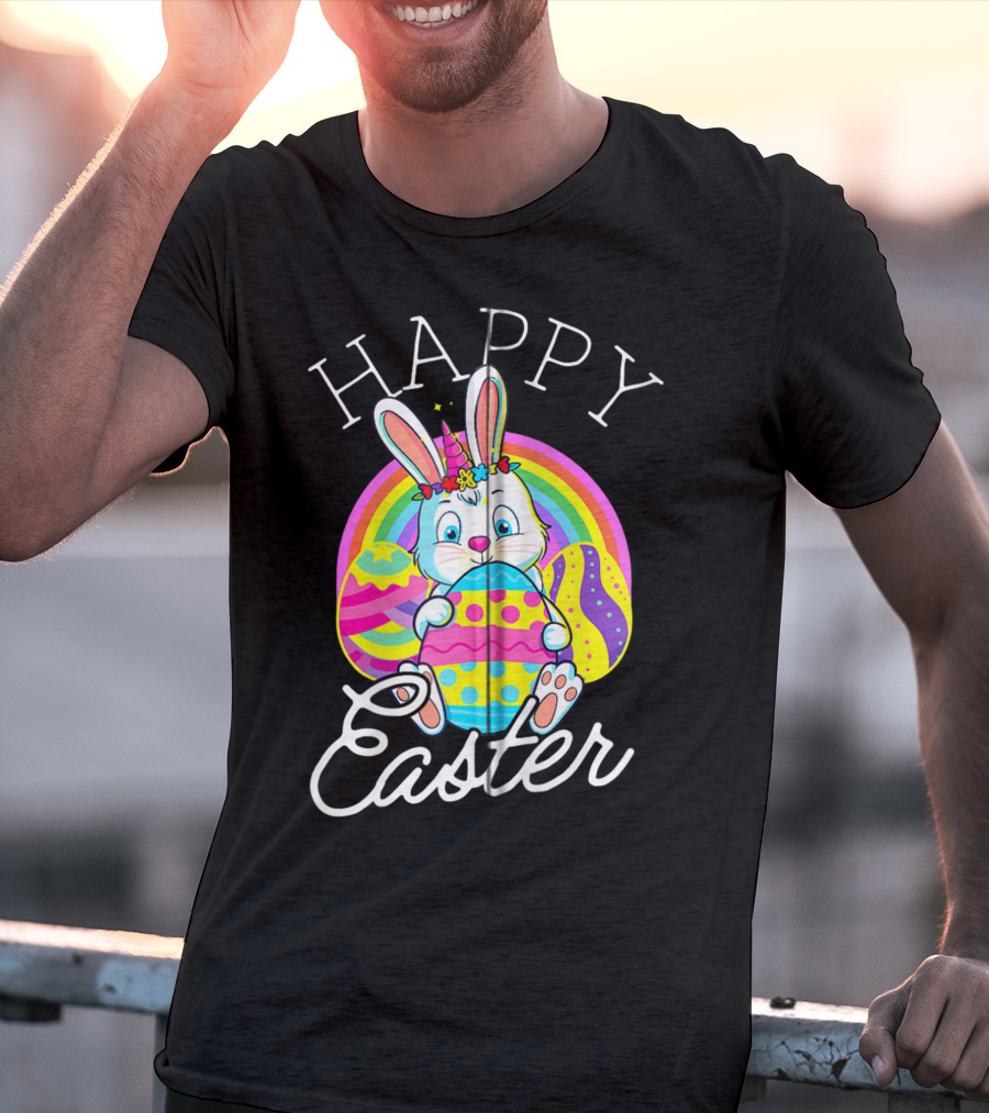 Happy Easter Unicorn Bunny Rabbit Eggs Rainbow Cute Kids Girls Women T-Shirt
