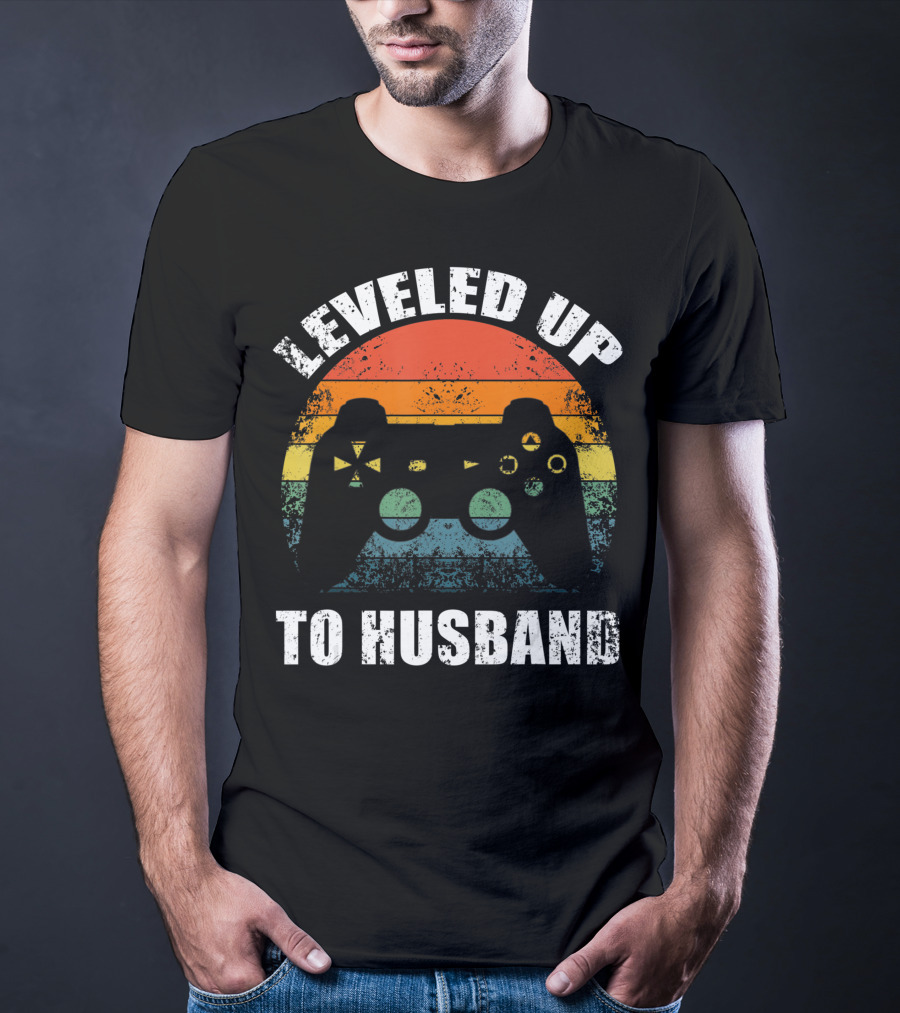 Leveled Up To Husband Retro Video Game Controller Wedding Announcement T-Shirt