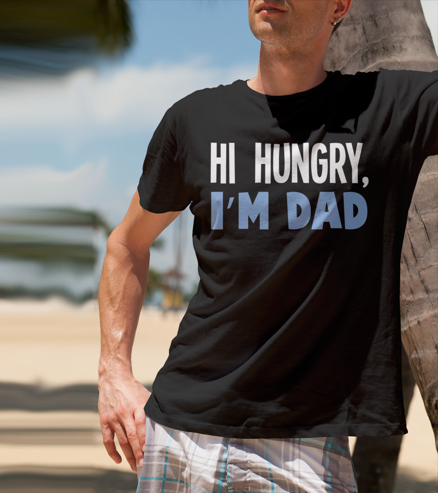 HI Hungry I'm Dad Black Background White Blue Text T-Shirt