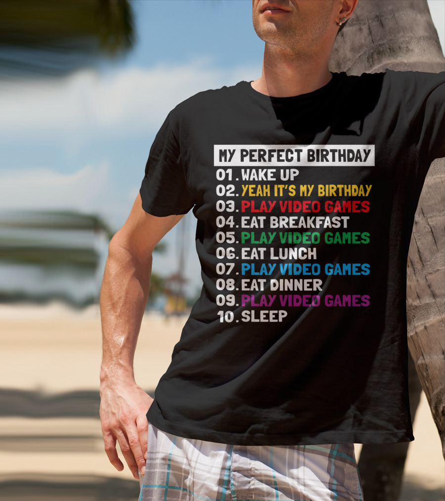 My Perfect Birthday Wake Up Yeah It's My Birthday Play Video Games Eat Breakfast Play Video Games Eat Lunch Play Video Games Eat Dinner Play Video Games Sleep T-Shirt