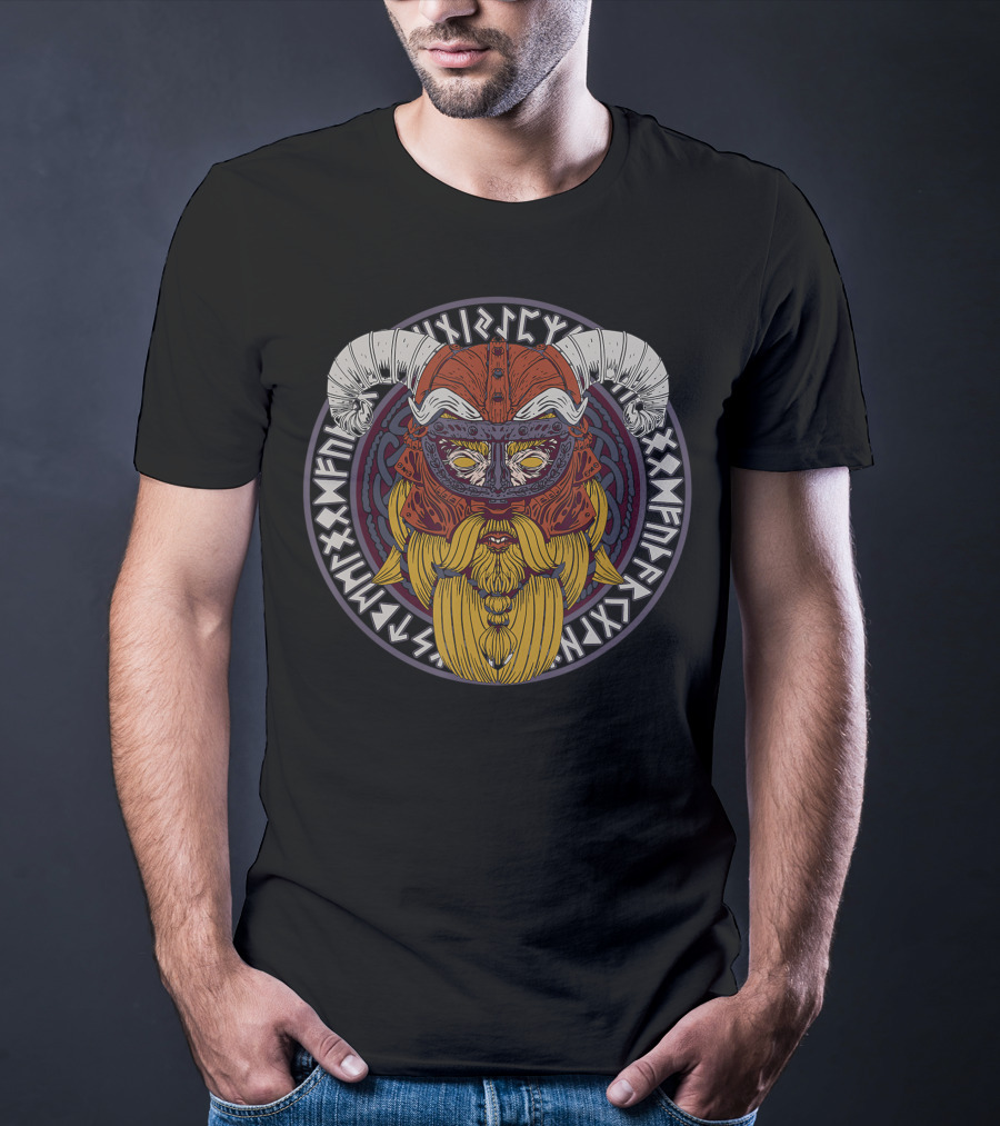 Viking Helmet With Horns And Valknut Surrounded By Nordic Runes T-Shirt
