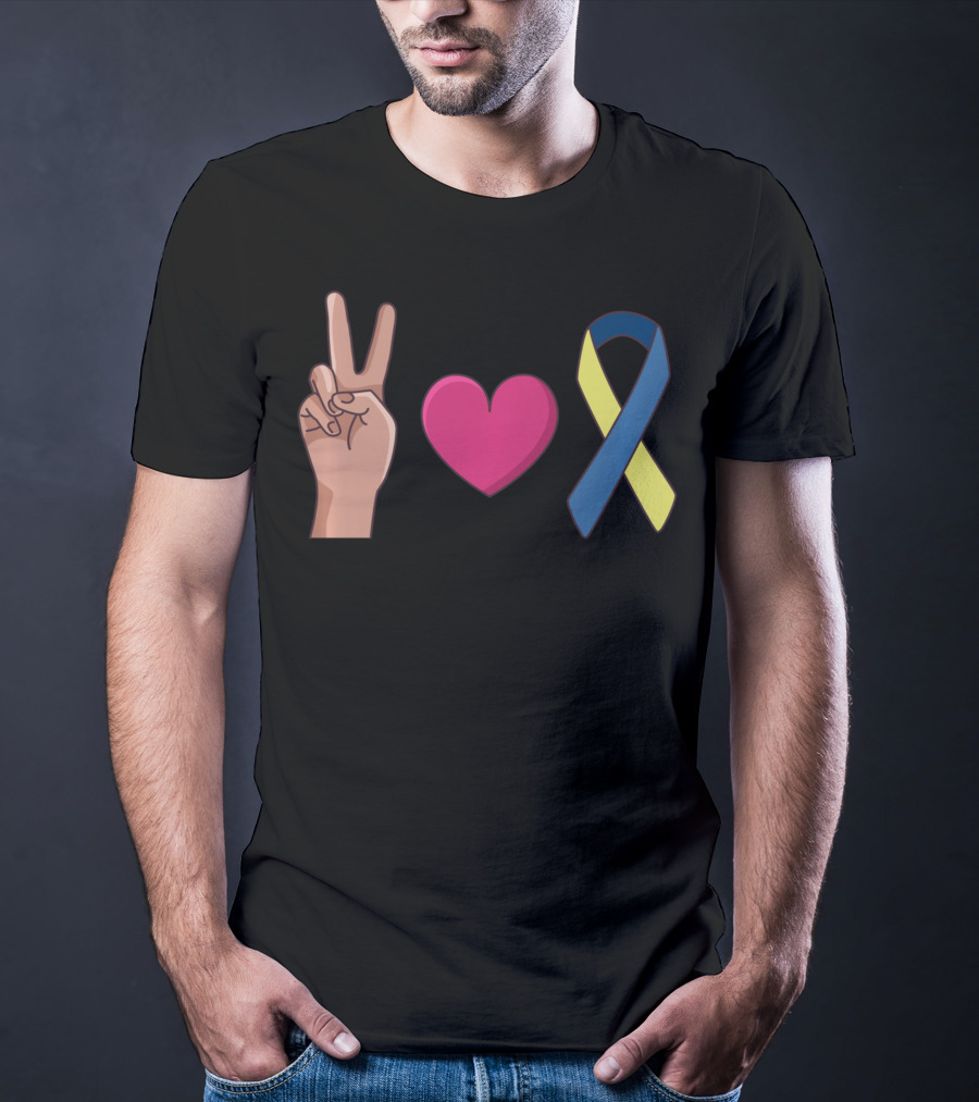Peace Love Down Syndrome Awareness Blue Yellow T-Shirt