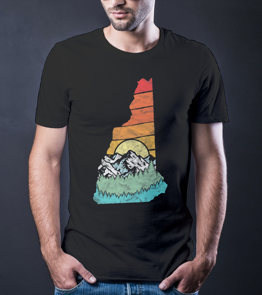 Retro New Hampshire State Outline With Mountains And Forest Sunset T-Shirt