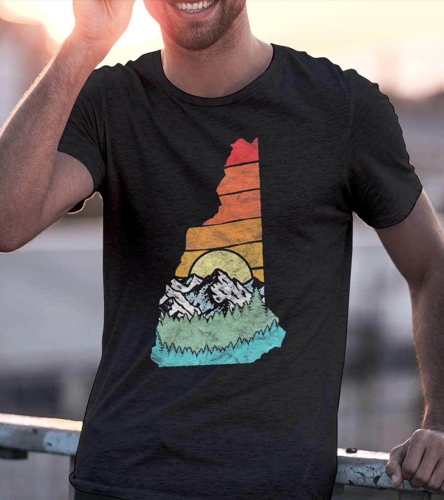Retro New Hampshire State Outline With Mountains And Forest Sunset T-Shirt