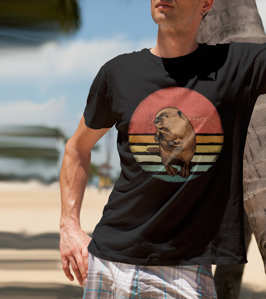 Retro Vintage Castor Nature Lover With Striped Sunset Circle T-Shirt