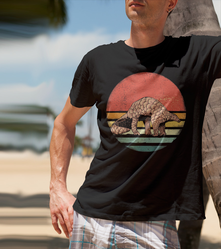 Retro Vintage Pangolin Nature Lover Sunset Stripes T-Shirt
