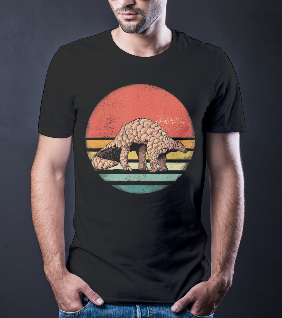 Retro Vintage Pangolin Nature Lover Sunset Stripes T-Shirt